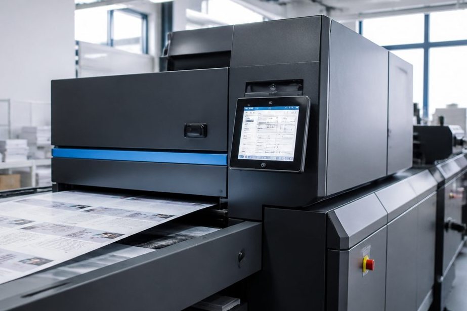 Blick in die Produktion: Digitaldruckmaschine mit auslaufenden bedruckten Bogen, im Hintergrund gestapeltes Papier