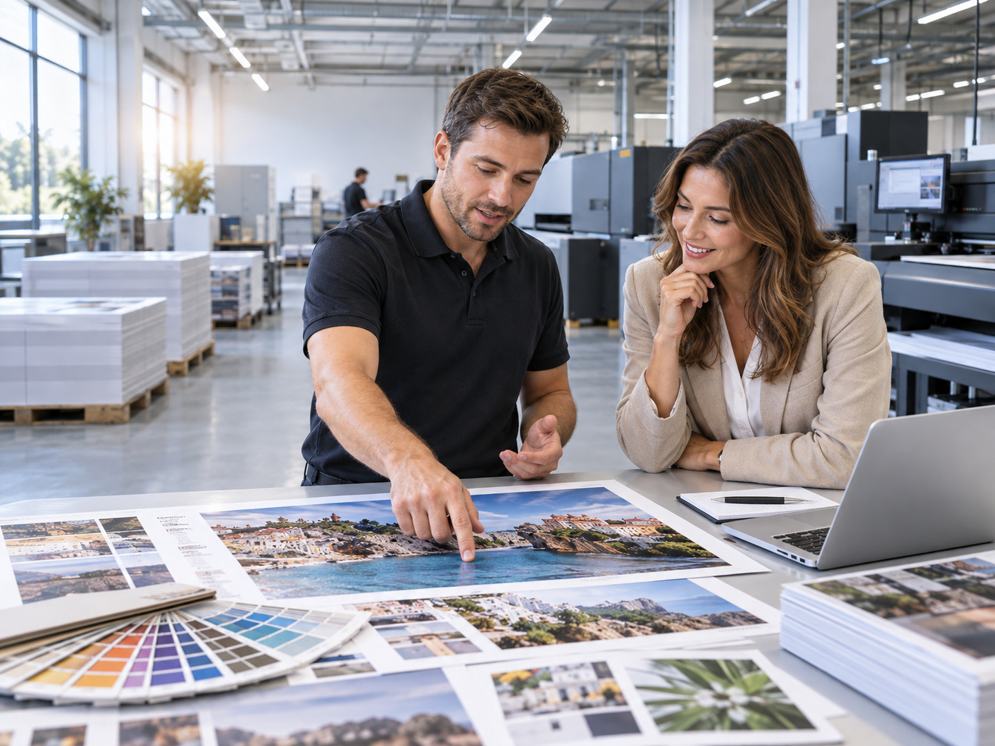 Zwei Mitarbeiterinnen prüfen gemeinsam einen Druckbogen an der Produktionsmaschine
