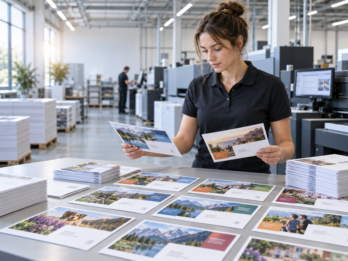 Digitaldruckmaschine im Produktionsbetrieb: bedruckte Bogen laufen aus der Anlage, im Hintergrund gestapeltes Papier