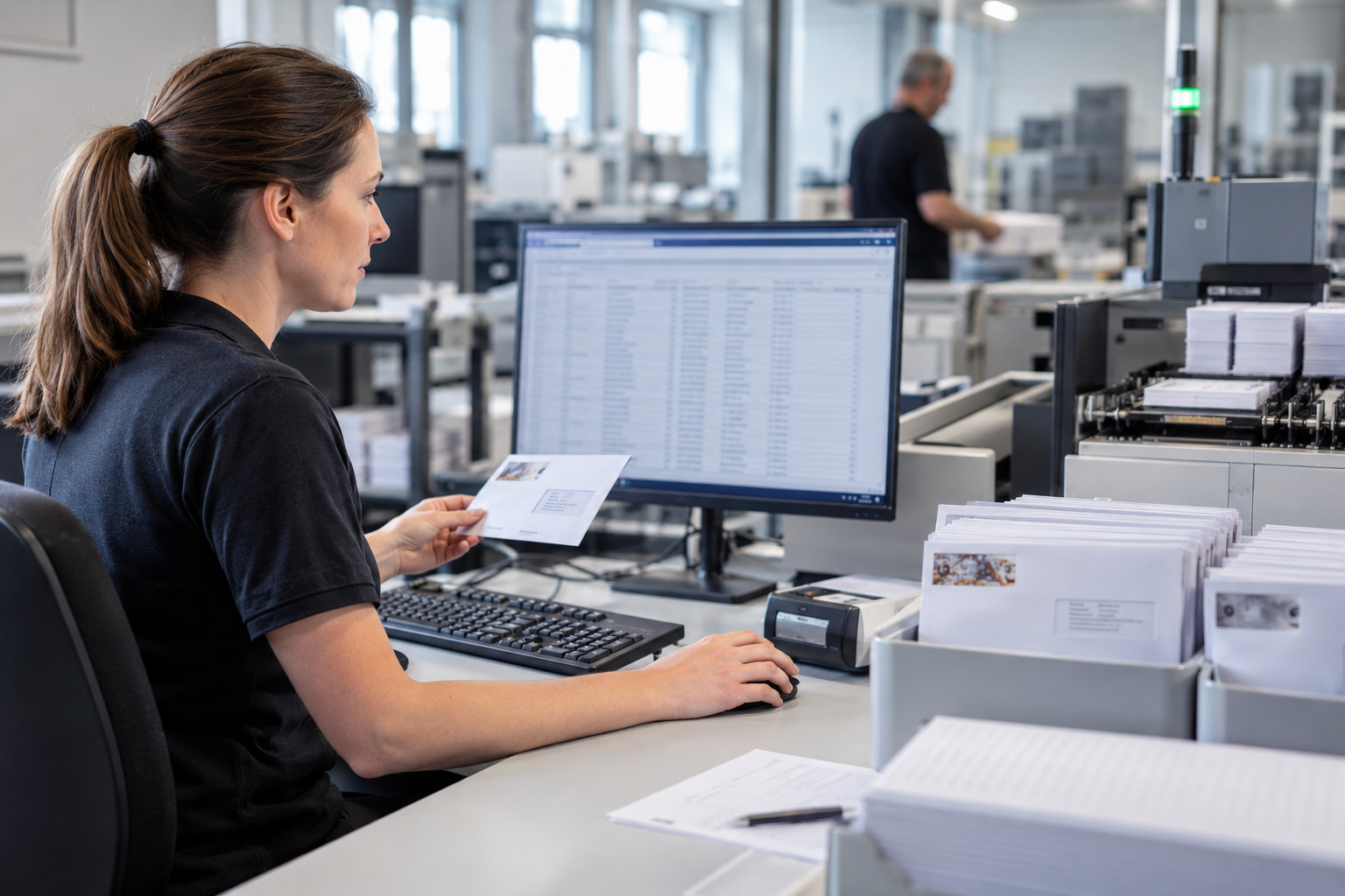 Kontrolle eines frisch gedruckten Bogens: Passkreuze und Farbkontrollstreifen werden an der Digitaldruckmaschine geprüft