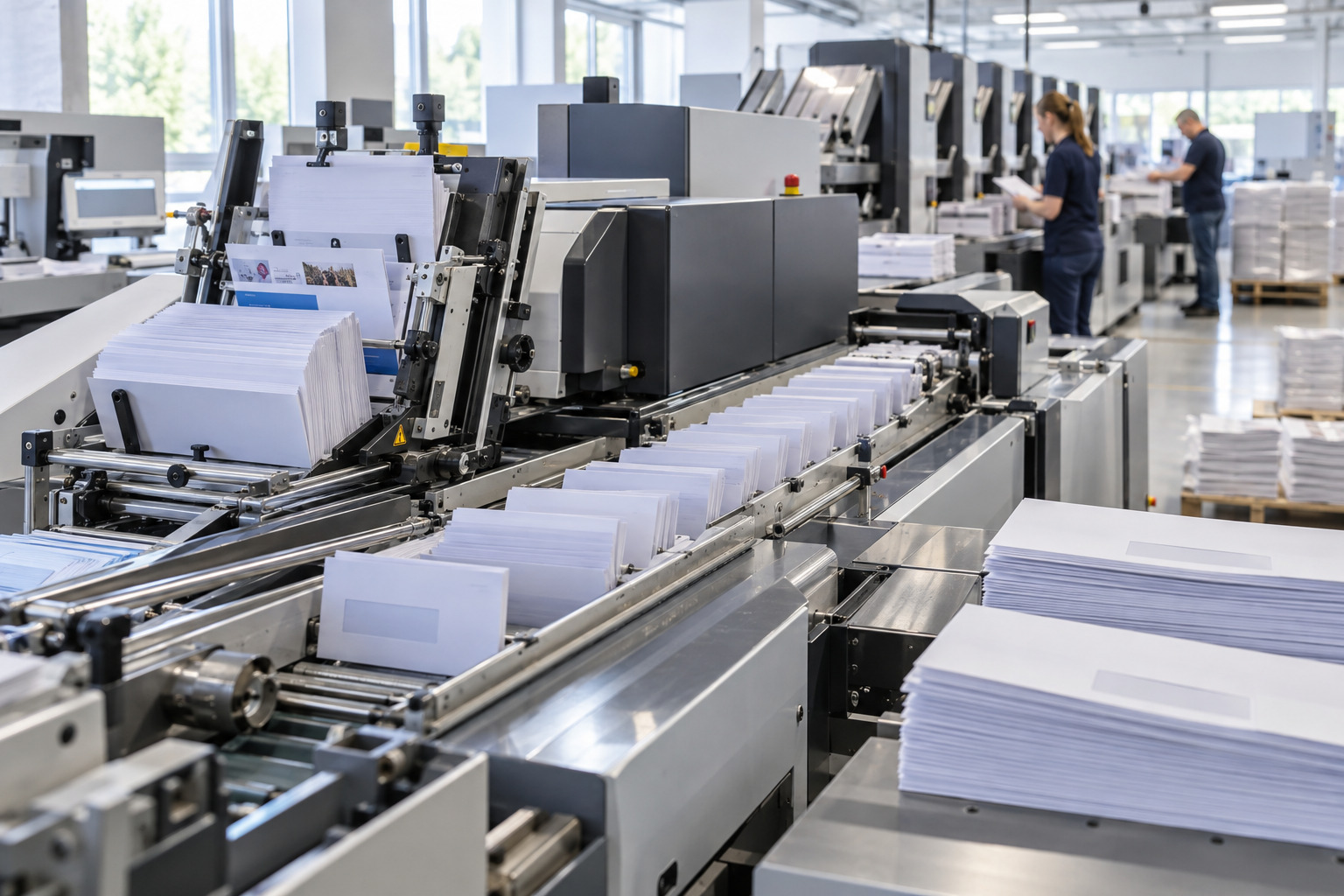 Versandfertige Mailings: bedruckte Kuverts mit Absenderaufdruck und ein personalisierter Briefbogen, flach ausgelegt