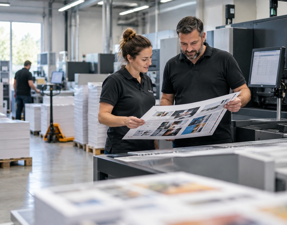 Zwei Mitarbeiterinnen prüfen gemeinsam einen Druckbogen an der Produktionsmaschine