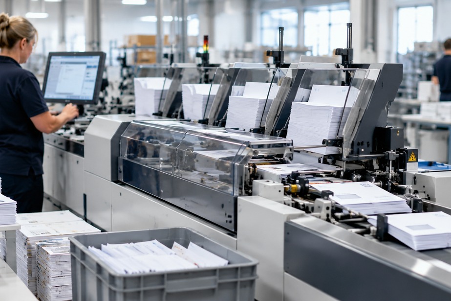 Kuvertierte Sendungen in Postbehältern auf Transportwagen – versandfertige Mailingproduktion in der Produktionshalle